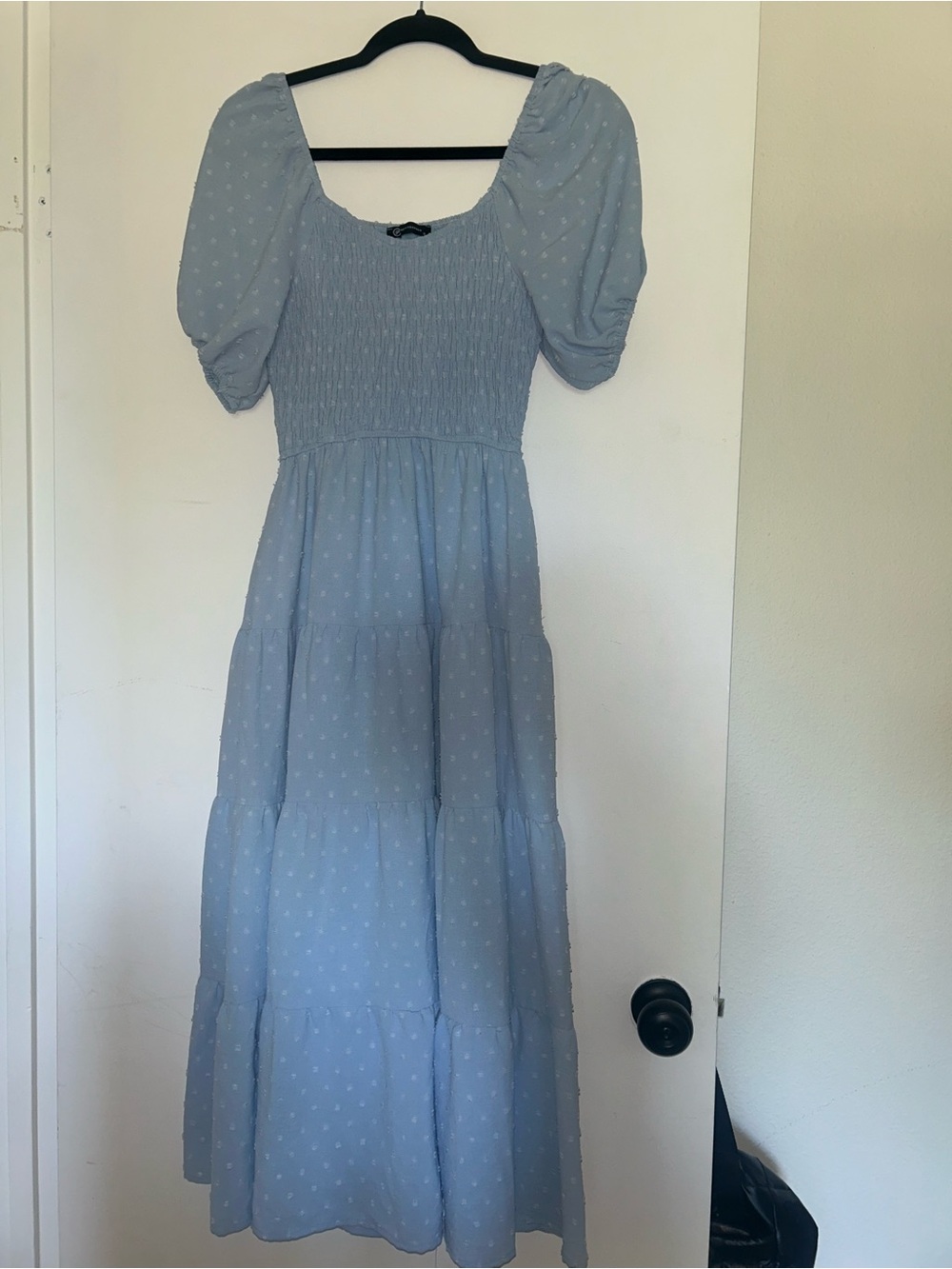 Smocked Maxi Dress with Puff Sleeves in Light Blue